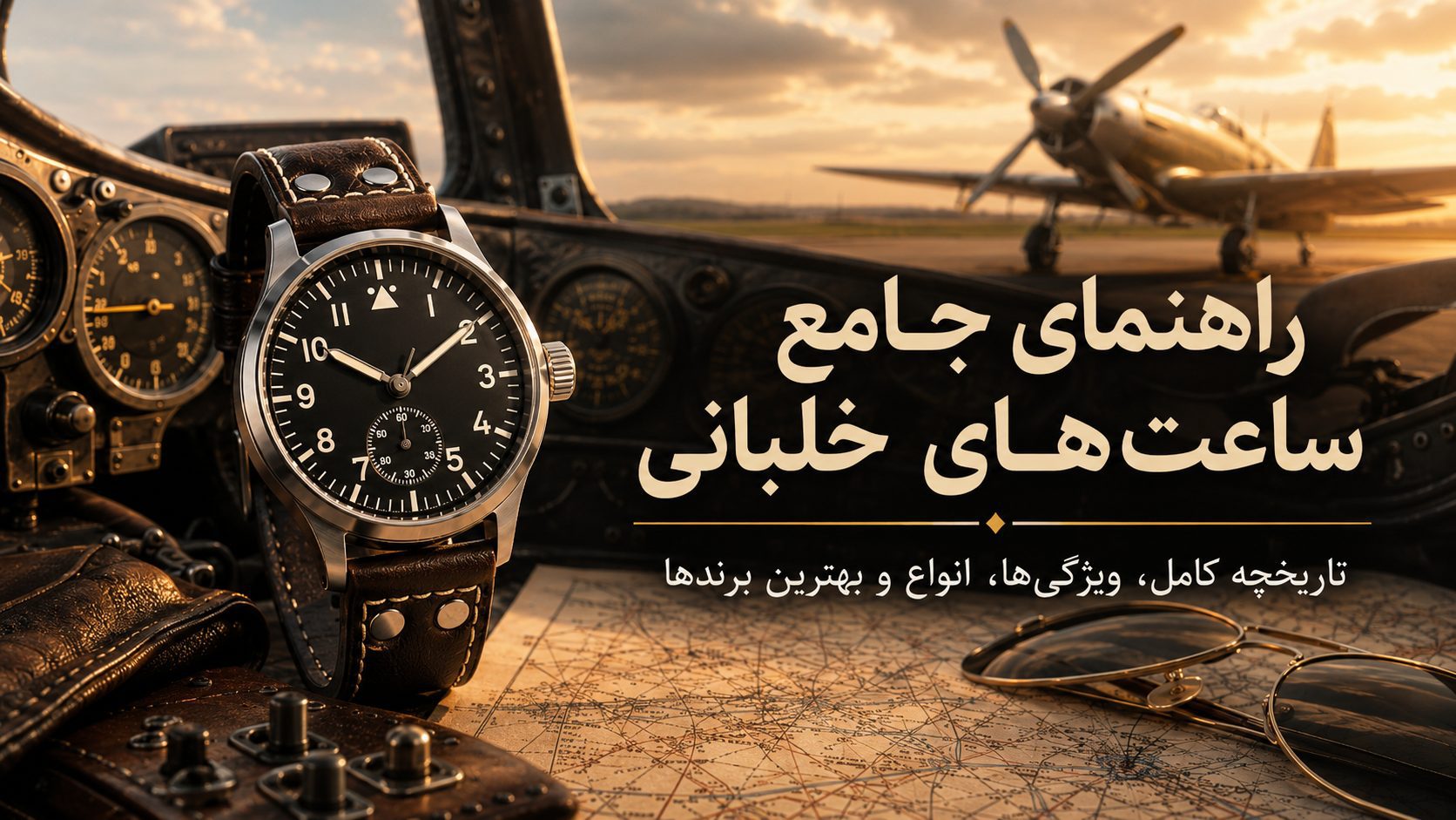 ساعت خلبانی کلاسیک در کابین هواپیما همراه با نقشه پرواز و تجهیزات هوانوردی