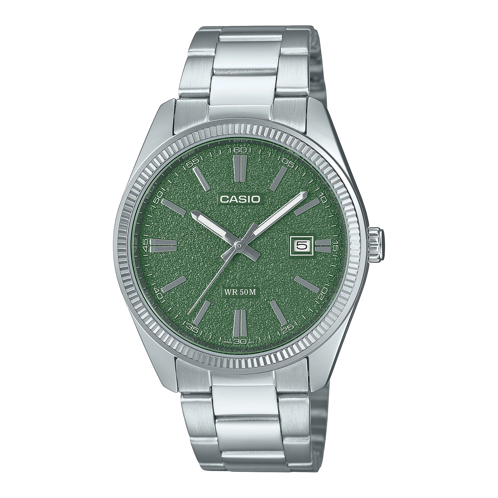 casio-mtp-1302da-3avdf-front نمای جلو ساعت کاسیو MTP-1302DA-3AVDF با صفحه سبز بافتدار و بند نقرهای