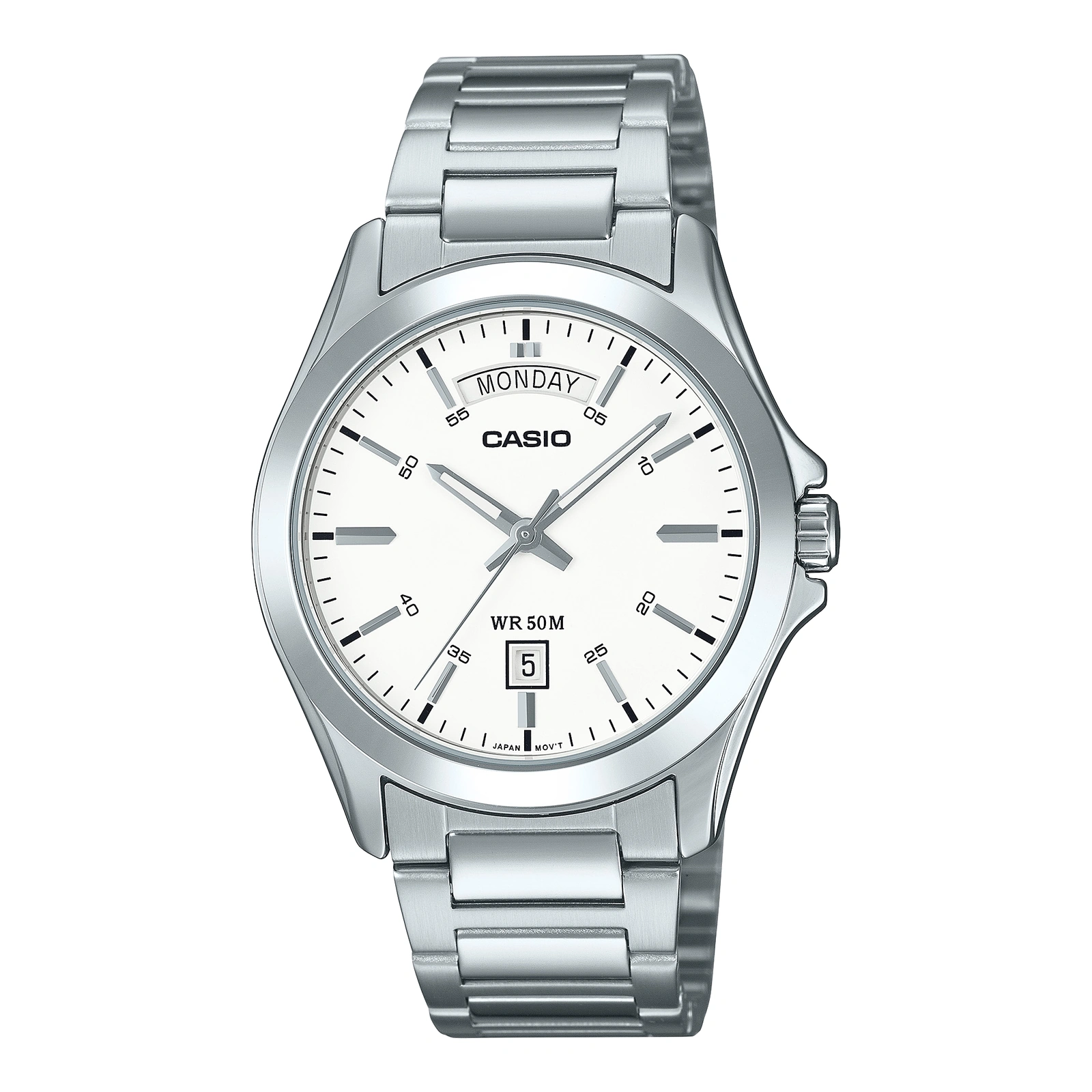 casio-mtp-1370d-7a3vdf-front نمای جلو ساعت کاسیو MTP-1370D-7A3VDF با صفحه سفید، تقویم روز و تاریخ و بند نقرهای