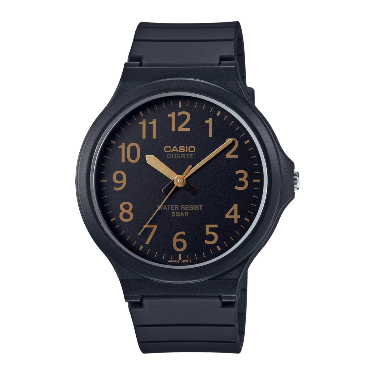 casio-mw-240-1b2vdf-front-clean نمای روبهروی ساعت کاسیو MW-240-1B2VDF مشکی با اعداد طلایی و زمینه سفید